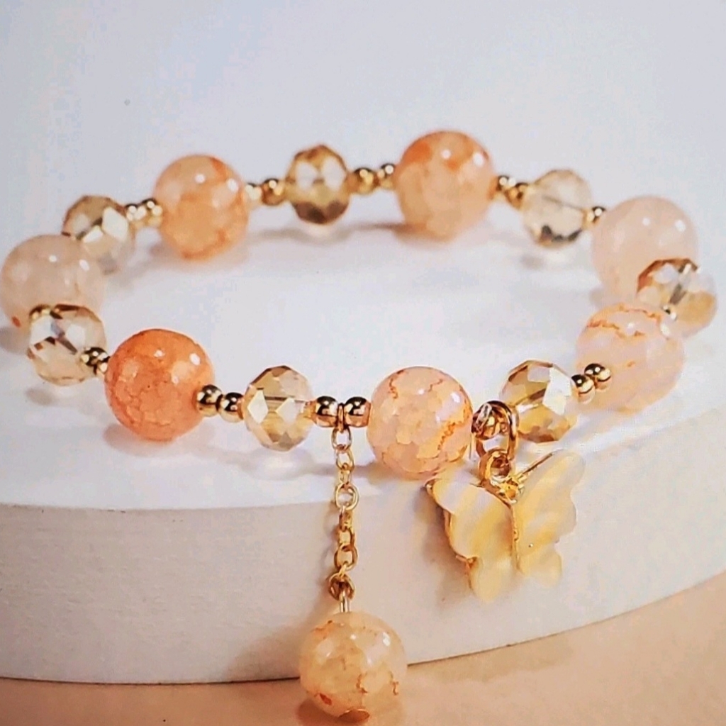 Elegant Gold And Peach Beaded Bracelet